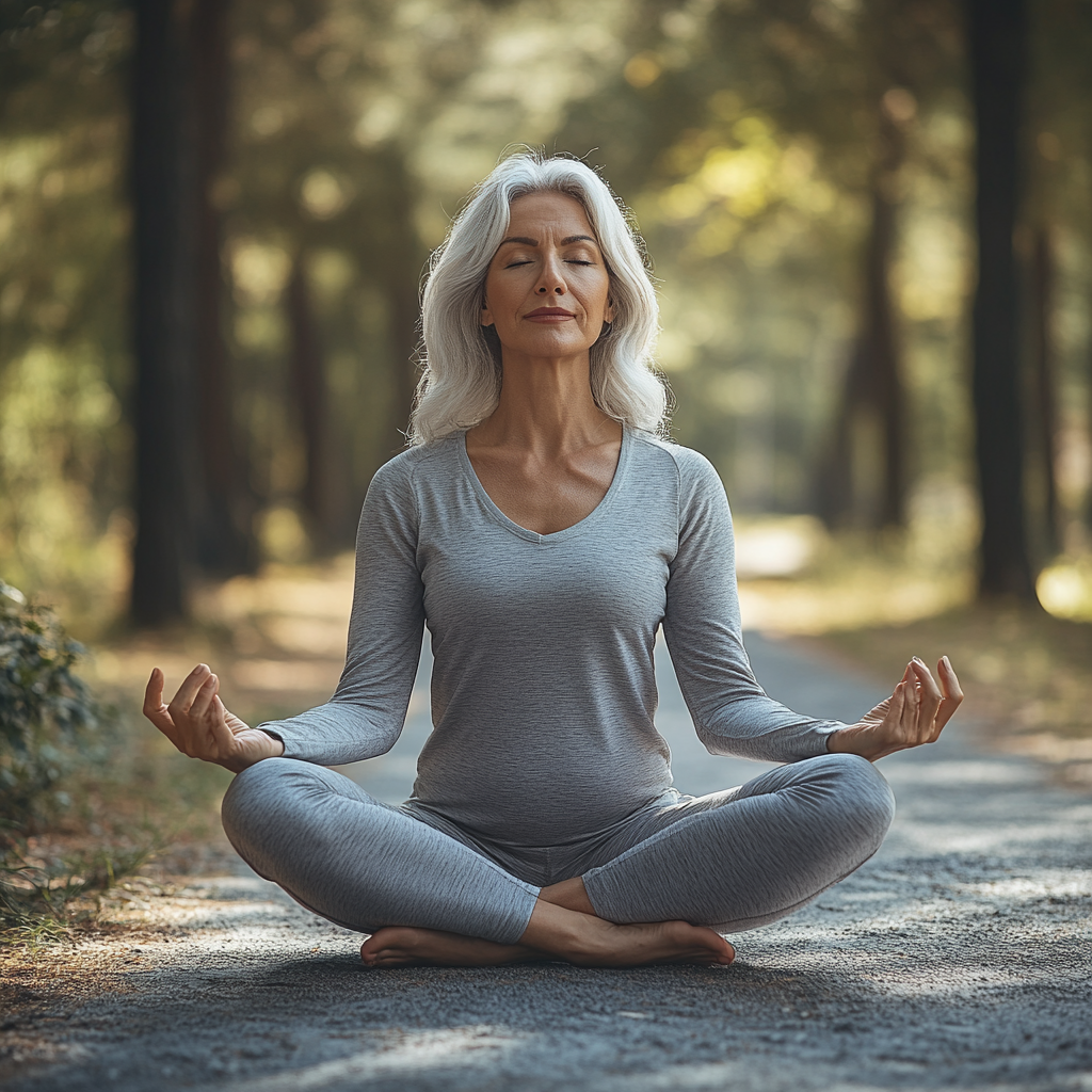 Жінка виконує асану йоги в медитативній позі на природі