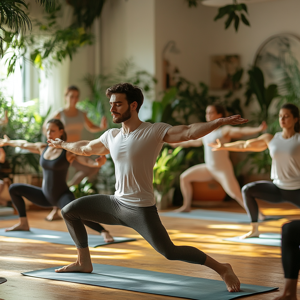 Група людей різного віку виконує базові асани йоги в затишній студії