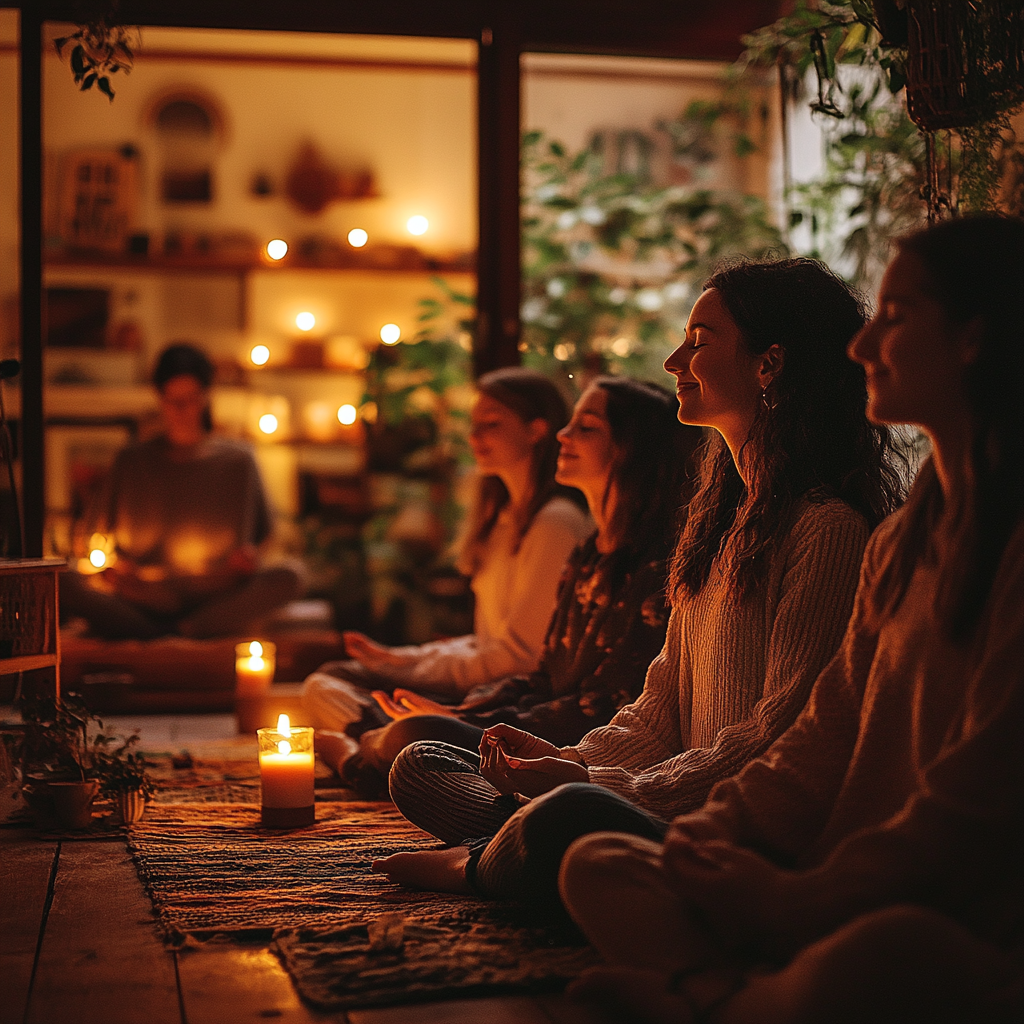 Люди медитують в затишній студії при свічках
