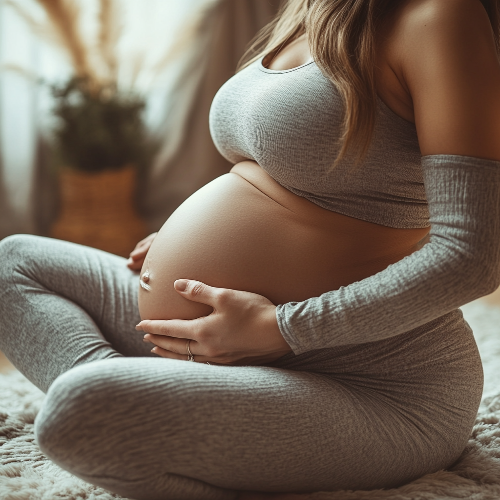 Вагітна жінка виконує м'які асани йоги в спеціалізованому класі