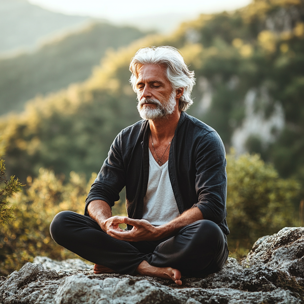 Інструктор йоги медитує в лотосовій позі на фоні природи